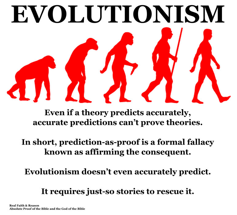 Evolutionism: even if a theory predicts accurately (evolutionism doesn’t), accurate predictions can’t prove theories.
