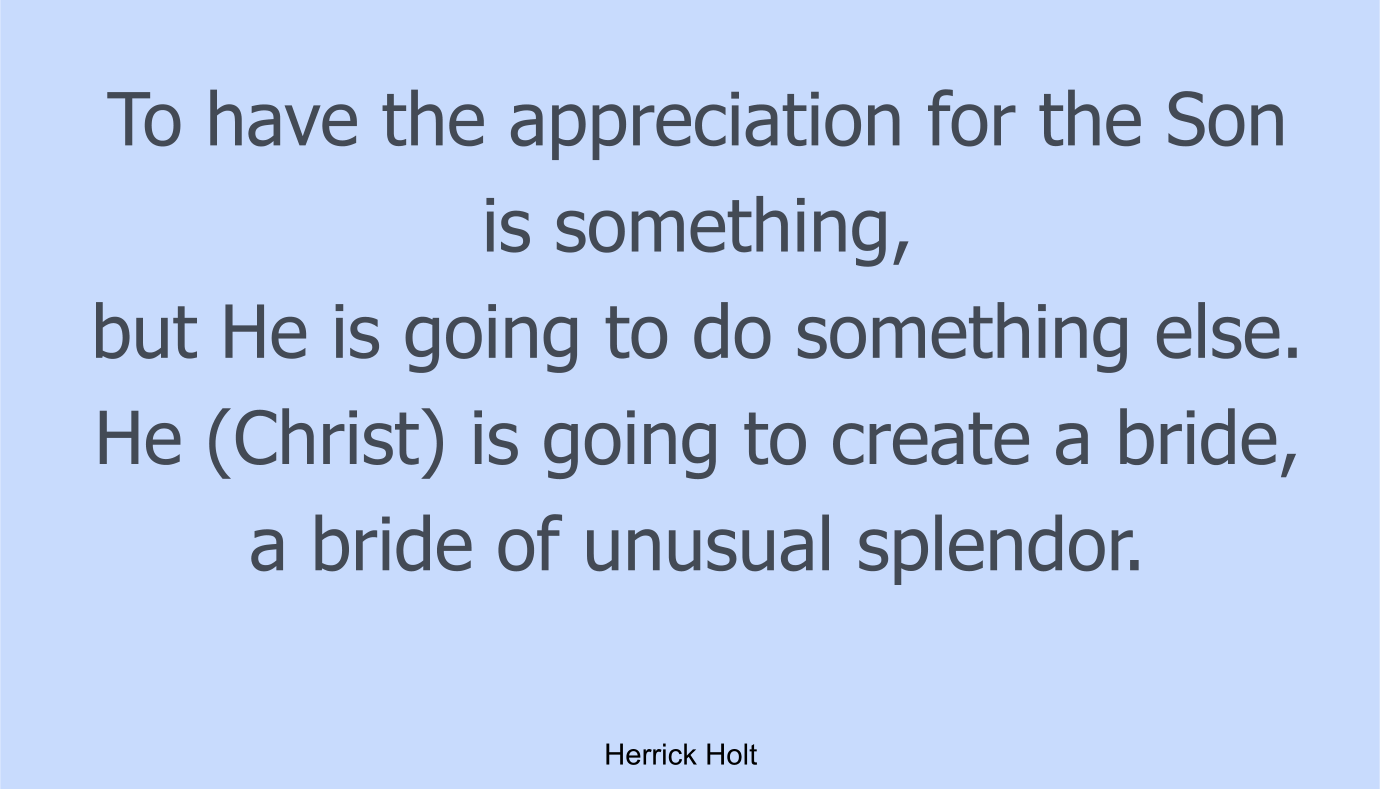 Oh, to have the appreciation for the Son is something, but He is going to do something else. He (Christ) is going to create a bride, a bride of unusual splendor.
