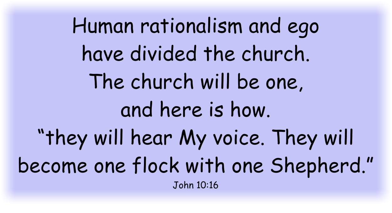 Human rationalism and ego have divided the church. 
The church will be one, and here is how.
they will hear my voice. They will become one flock with one shepherd. John 10:16