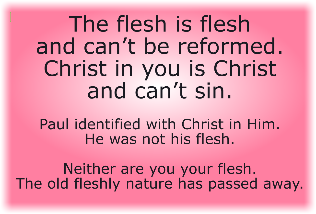 The flesh is flesh and can’t be reformed. Christ in you is Christ and can’t sin.