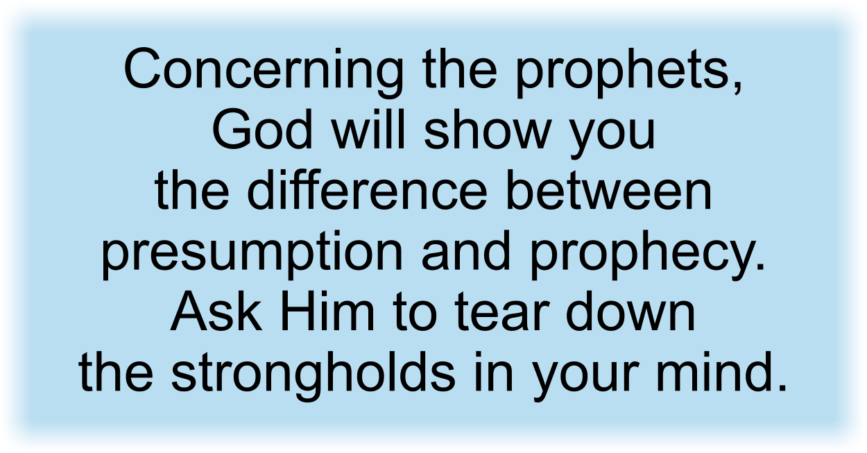 Concerning the prophets, God will show you the difference between presumption and prophecy. Ask Him to tear down the strongholds in your mind. 