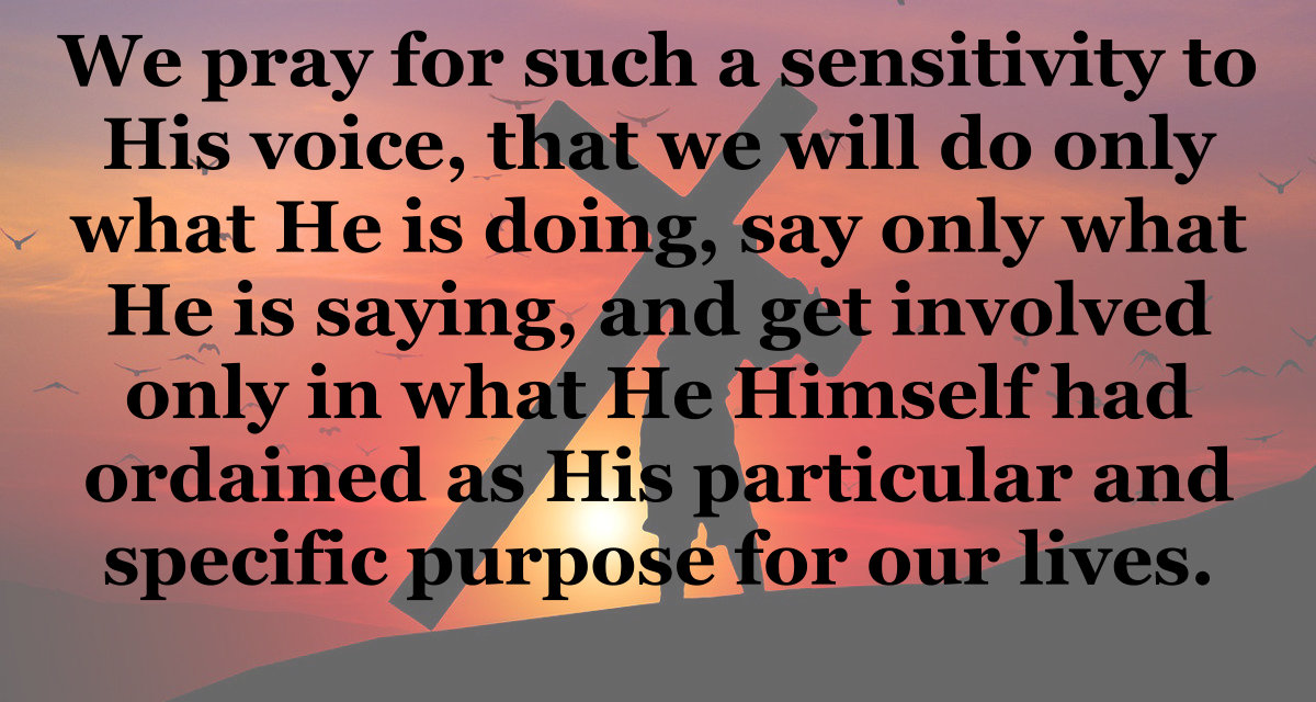 We pray for such a sensitivity to God's voice that we will do only what He is doing through us and say only what He is saying through us.