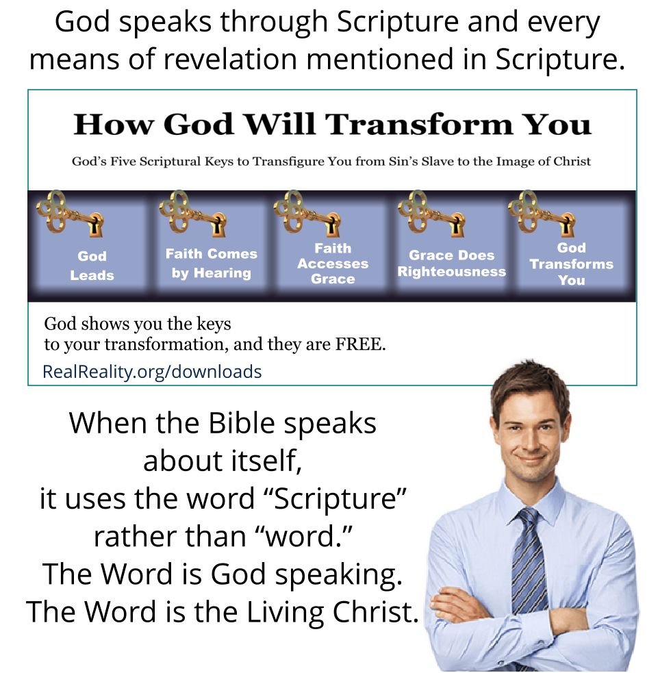When the Bible speaks about itself, it uses the word “Scripture” rather than “word.” The Word is God speaking. The Word is the Living Christ. God speaks the Living Christ.