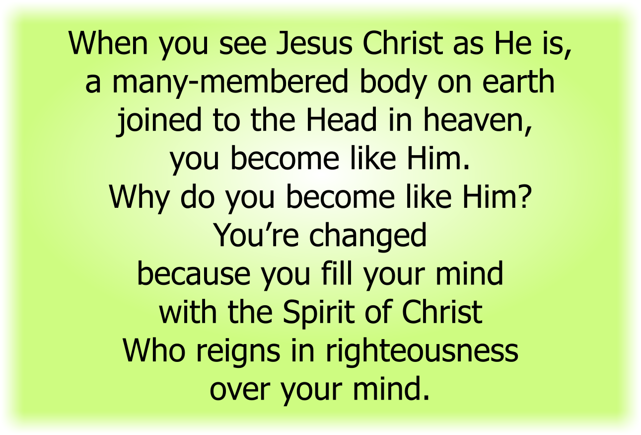 When you see Jesus Christ as He is, a many-membered body on earth joined to the Head in heaven, you become like Him.