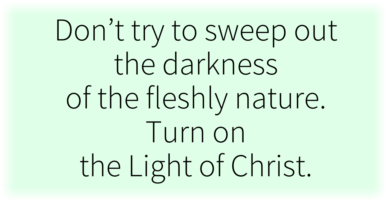 Don’t try to sweep out the darkness of the fleshly nature. Turn on the Light of Christ.
