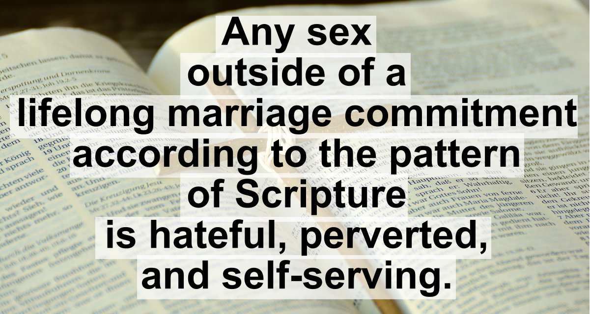 Any sex outside of a lifelong marriage commitment is hateful, perverted, and self-serving.