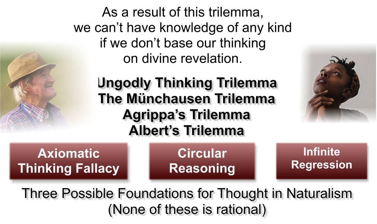 As a result of the trilemma, we can’t have knowledge of any kind if we don’t base our thinking on divine revelation.