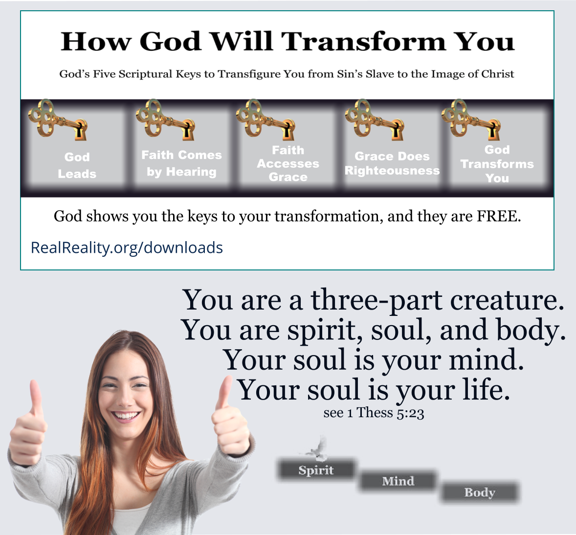 You are a three-part creature. You are spirit, soul, and body. Your soul is your mind. Your soul is your life.