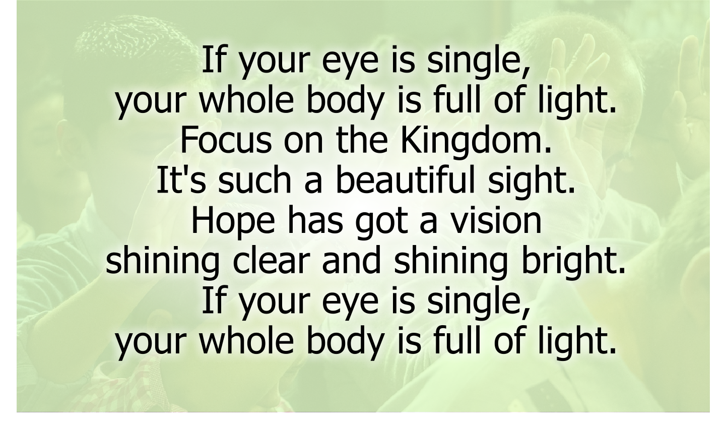 If your eye is single, your whole body is full of light. 
Focus on the Kingdom. It's such a beautiful sight. 