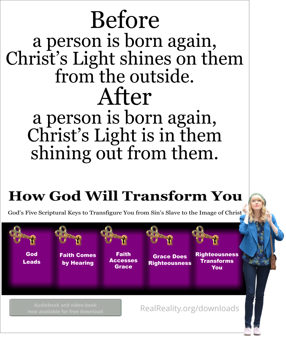 Before a person is born again, Christ’s Light shines on them from the outside. After a person is born again, Christ’s Light is in them shining out from them.