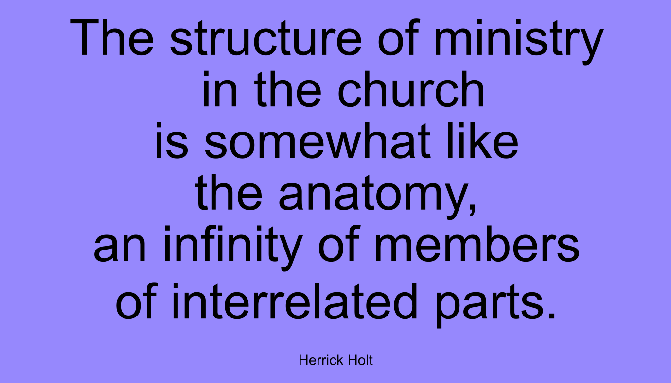 The structure of ministry in the church is somewhat like the anatomy, an infinity of members of interrelated parts. ~ Herrick Holt