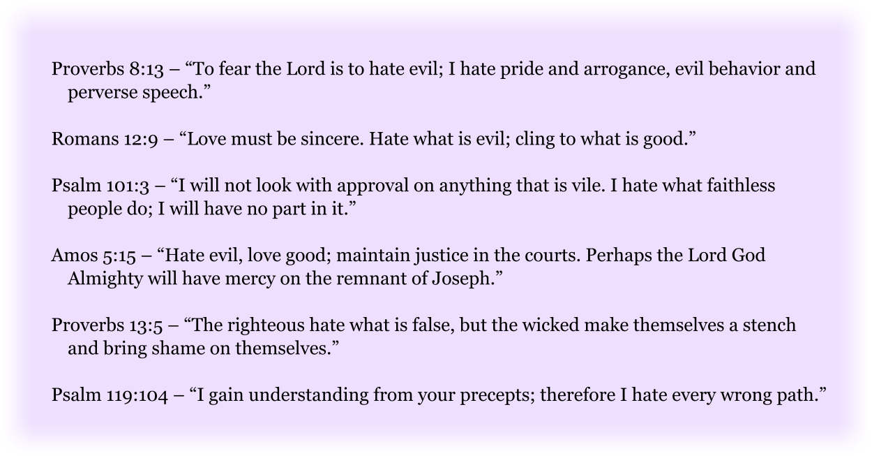 Proverbs 8:13 – “To fear the Lord is to hate evil; I hate pride and arrogance, evil behavior and perverse speech.”

Romans 12:9 – “Love must be sincere. Hate what is evil; cling to what is good.”

Psalm 101:3 – “I will not look with approval on anything that is vile. I hate what faithless people do; I will have no part in it.”

Amos 5:15 – “Hate evil, love good; maintain justice in the courts. Perhaps the Lord God Almighty will have mercy on the remnant of Joseph.”

Proverbs 13:5 – “The righteous hate what is false, but the wicked make themselves a stench and bring shame on themselves.”

Psalm 119:104 – “I gain understanding from your precepts; therefore I hate every wrong path.”