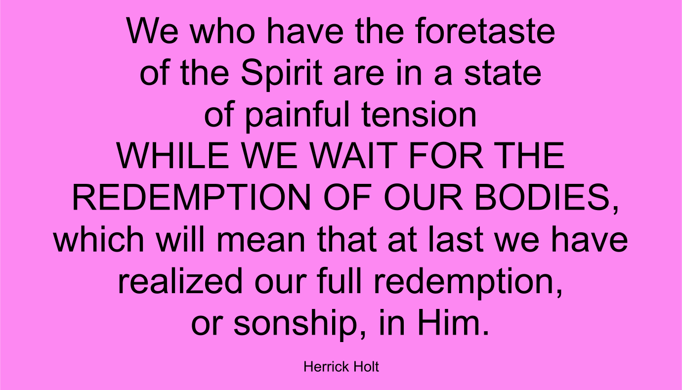 We who have the foretaste of the Spirit are in a state of painful tension WHILE WE WAIT FOR THE REDEMPTION OF OUR BODIES, which will mean that at last we have realized our full redemption, or sonship, in Him. ~ Herrick Holt