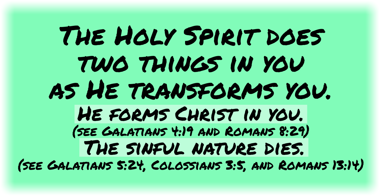 The Holy Spirit does two things: forms Christ in you and the sinful nature dies. 