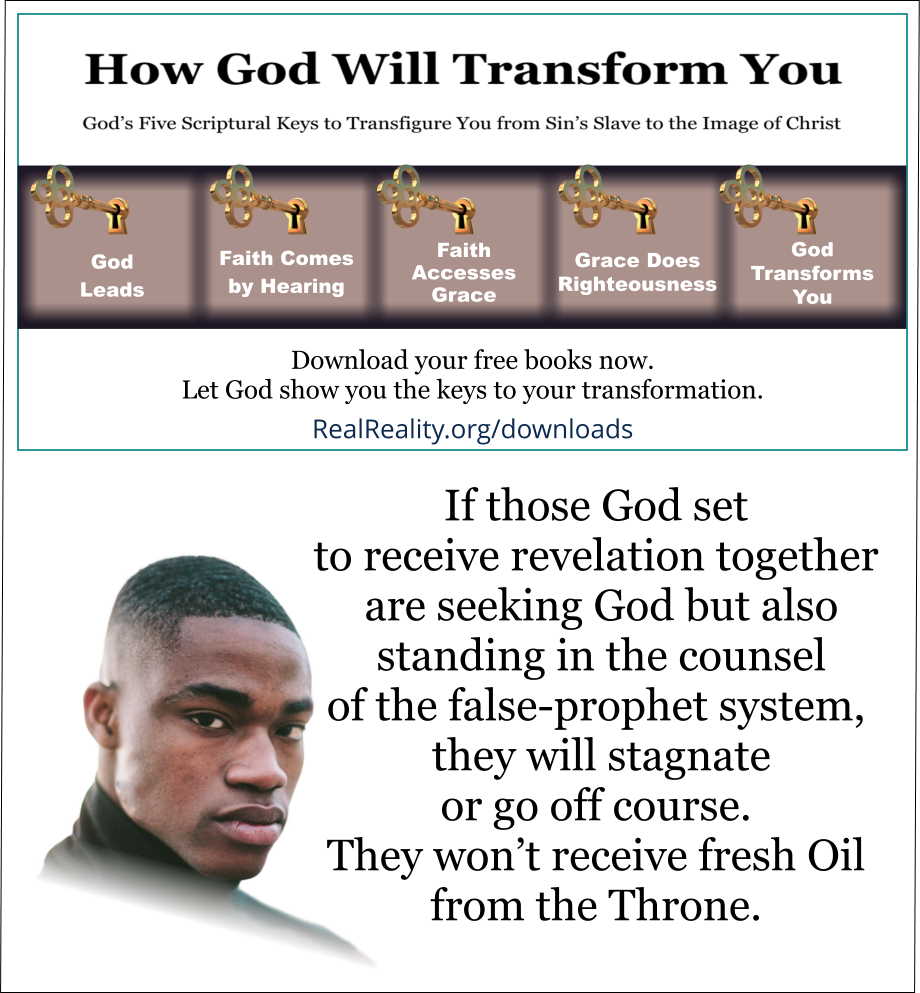 If those God set to receive revelation together are seeking God but also standing in the counsel of the false-prophet system, they will stagnate or go off course. They won’t receive fresh Oil from the Throne. 
(Quote from https://realreality.org/downloads/how-god-will-transform-you/)
