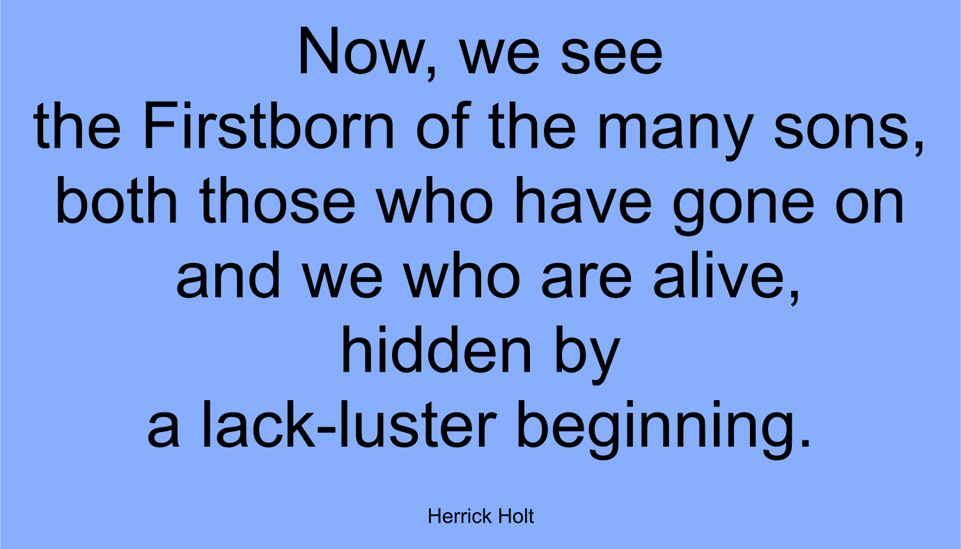 Now, we see the Firstborn of the many sons, both those who have gone on and we who are alive, hidden by a lack-luster beginning. ~ Herrick Holt