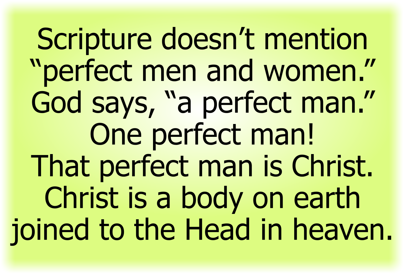 Scripture doesn’t mention “perfect men and women.” God says, “a perfect man.” One perfect man!