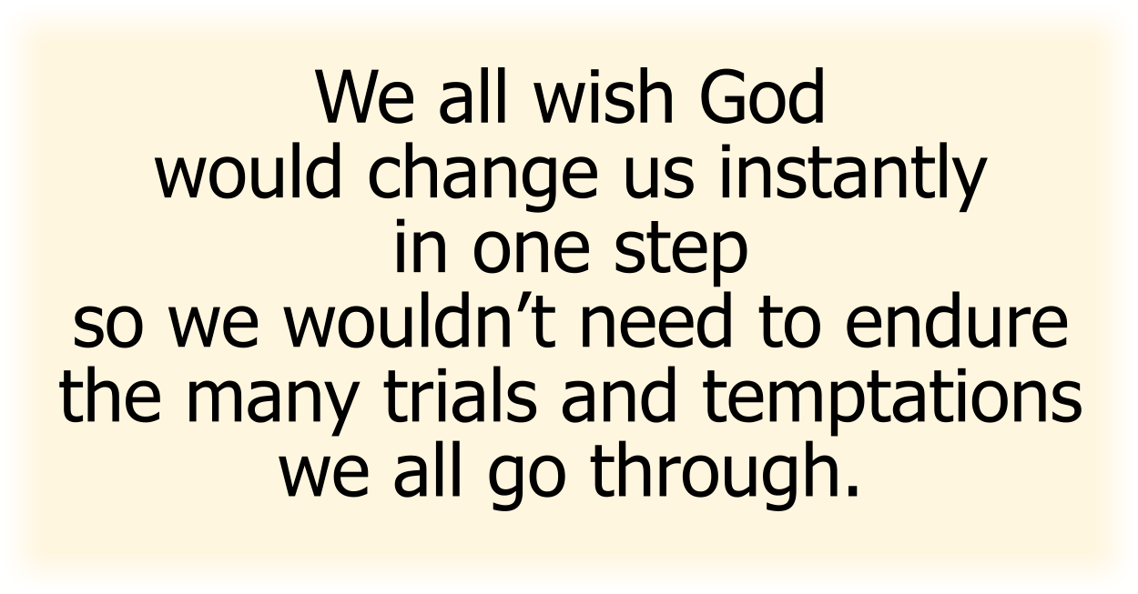 We all wish God would change us instantly in one step so we wouldn’t need to endure the many trials and temptations we all go through. 