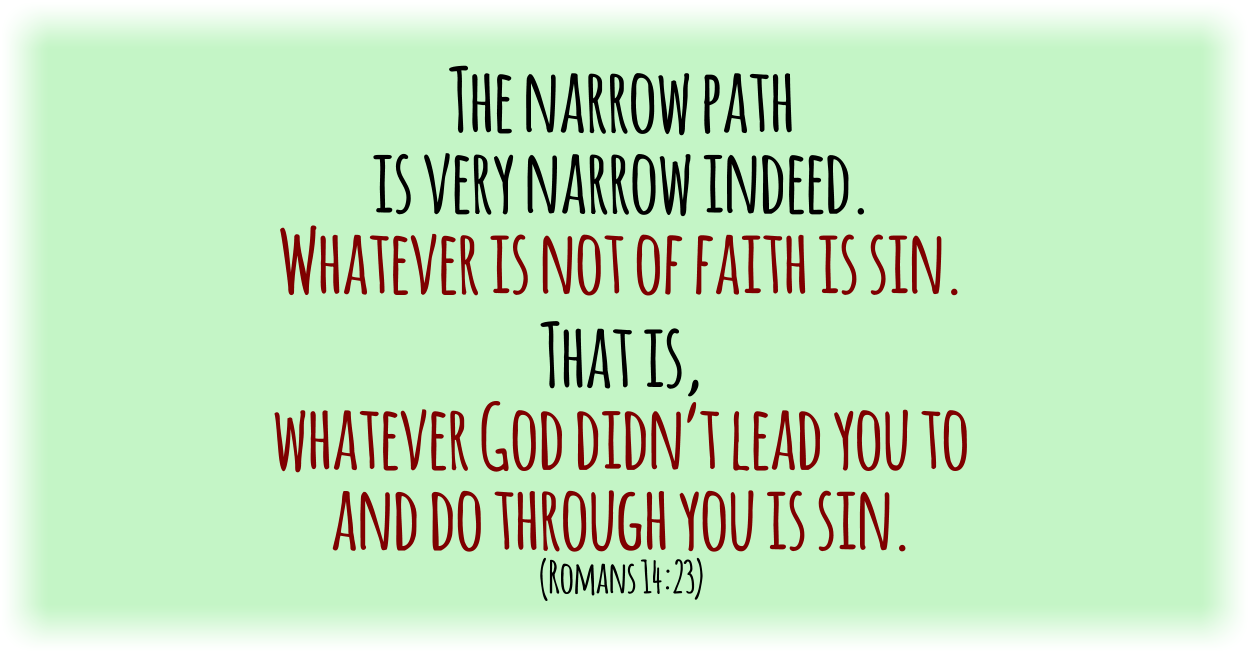 The narrow path is very narrow indeed. Whatever is not of faith is sin. That is, whatever God didn’t lead you to and do through you is sin. (Romans 14:23)